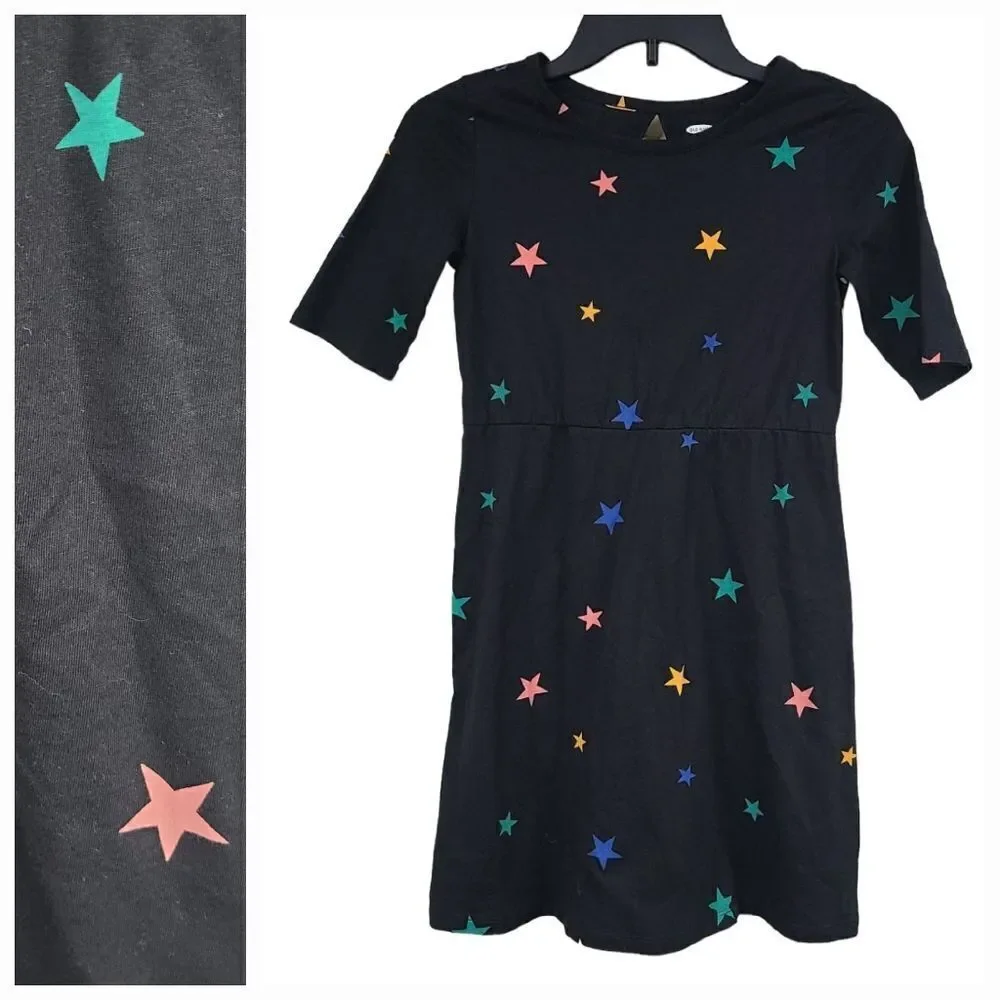 Old Navy Star Print Dress Girls Large 10/12 Black Skater Fit & Flare Casual Cool